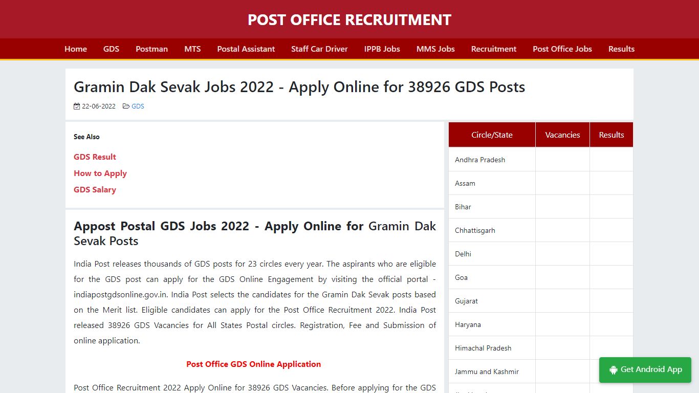Apply Online for 38926 GDS Vacancies - Post Office Recruitment