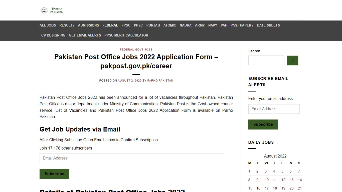 Pakistan Post Office Jobs 2022 Application Form - pakpost.gov.pk/career